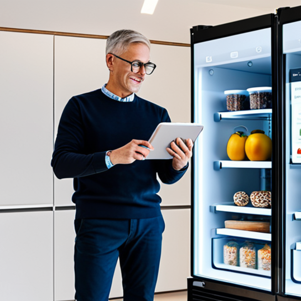 A professional adult in a modest, smart casual outfit, standing in a bright, futuristic smart kitchen. The person is holding a tablet displaying a recipe app, with a sleek smart refrigerator screen in the background showing food inventory. The kitchen features minimalist design, integrated smart appliances, and subtle digital displays. The atmosphere is calm and efficient, highlighting the seamless integration of technology in daily life. fully clothed, appropriate attire, safe for work, perfect anatomy, correct proportions, natural pose, well-formed hands, proper finger count, natural body proportions, professional photography, high quality, family-friendly.