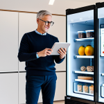 A professional adult in a modest, smart casual outfit, standing in a bright, futuristic smart kitchen. The person is holding a tablet displaying a recipe app, with a sleek smart refrigerator screen in the background showing food inventory. The kitchen features minimalist design, integrated smart appliances, and subtle digital displays. The atmosphere is calm and efficient, highlighting the seamless integration of technology in daily life. fully clothed, appropriate attire, safe for work, perfect anatomy, correct proportions, natural pose, well-formed hands, proper finger count, natural body proportions, professional photography, high quality, family-friendly.