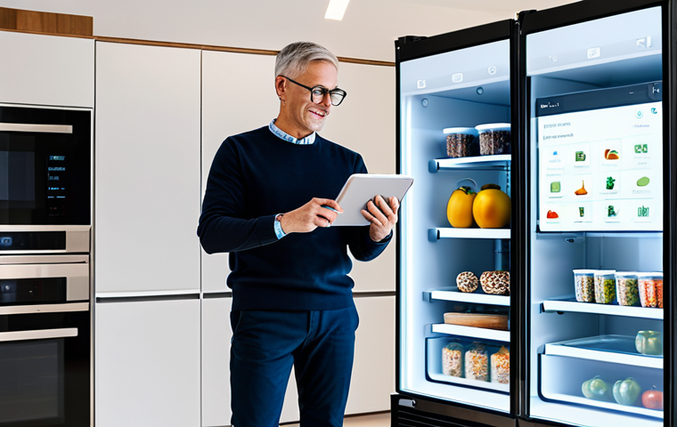 A professional adult in a modest, smart casual outfit, standing in a bright, futuristic smart kitchen. The person is holding a tablet displaying a recipe app, with a sleek smart refrigerator screen in the background showing food inventory. The kitchen features minimalist design, integrated smart appliances, and subtle digital displays. The atmosphere is calm and efficient, highlighting the seamless integration of technology in daily life. fully clothed, appropriate attire, safe for work, perfect anatomy, correct proportions, natural pose, well-formed hands, proper finger count, natural body proportions, professional photography, high quality, family-friendly.