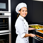 A professional female chef, fully clothed in a modest and appropriate modern kitchen uniform, stands confidently next to a sleek, stainless steel multi-function oven. The oven door is slightly ajar, revealing various healthy dishes cooking simultaneously: vibrant steamed vegetables on an upper rack, and a golden-brown gratin on a lower one. The kitchen is bright, organized, and spotless, with clean countertops and contemporary design elements. The overall scene conveys efficiency, culinary versatility, and a focus on healthy, high-quality cooking. Safe for work, appropriate content, perfect anatomy, natural proportions, well-formed hands, professional photography, studio lighting, professional dress, family-friendly.