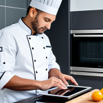 A professional chef, fully clothed in modest, professional chef's attire, standing confidently in a sleek, modern kitchen. The focus is on a high-tech induction cooktop with a glowing digital display, showing precise temperature controls. One hand is gently touching the cooktop's surface, while a tablet nearby displays a cooking app interface, emphasizing smart connectivity. The kitchen features minimalist design with stainless steel accents and bright, natural lighting. Perfect anatomy, correct proportions, natural pose, well-formed hands, proper finger count, natural body proportions. safe for work, appropriate content, fully clothed, professional, high quality studio photography, clear focus, vibrant colors.