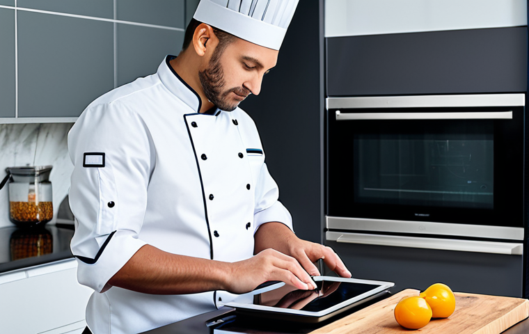 A professional chef, fully clothed in modest, professional chef's attire, standing confidently in a sleek, modern kitchen. The focus is on a high-tech induction cooktop with a glowing digital display, showing precise temperature controls. One hand is gently touching the cooktop's surface, while a tablet nearby displays a cooking app interface, emphasizing smart connectivity. The kitchen features minimalist design with stainless steel accents and bright, natural lighting. Perfect anatomy, correct proportions, natural pose, well-formed hands, proper finger count, natural body proportions. safe for work, appropriate content, fully clothed, professional, high quality studio photography, clear focus, vibrant colors.