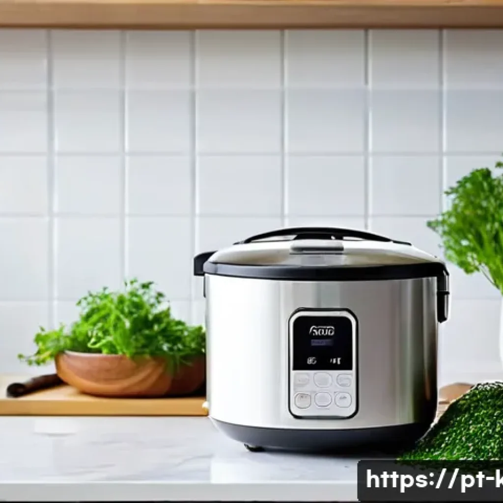 소형 전기밥솥 추천 - **Prompt:** A minimalist, bright modern kitchen scene featuring a sleek, compact electric rice cooke...