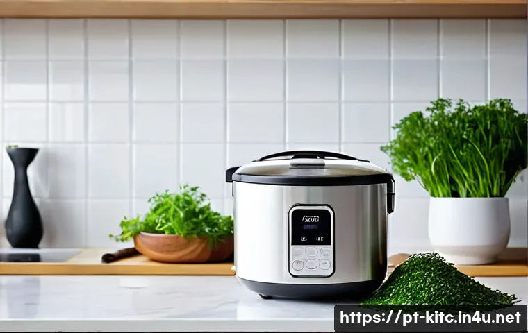 소형 전기밥솥 추천 - **Prompt:** A minimalist, bright modern kitchen scene featuring a sleek, compact electric rice cooke...