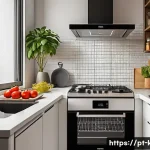 Home 21 소형 스마트 주방가전 추천 - A modern, compact smart kitchen setup in a cozy Brazilian apartment, featuring a sleek Philco PFE45 ...