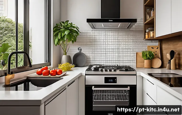 소형 스마트 주방가전 추천 - A modern, compact smart kitchen setup in a cozy Brazilian apartment, featuring a sleek Philco PFE45 ...