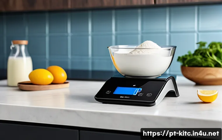 스마트 주방 저울과 일반 저울 비교 - A sleek, modern kitchen countertop featuring a high-precision digital kitchen scale with a tempered ...
