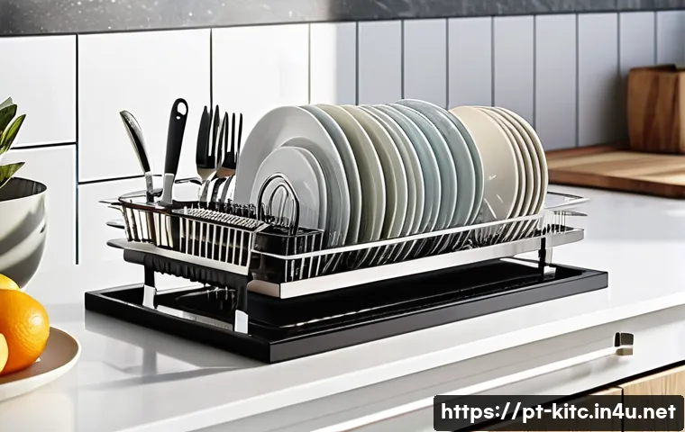 다기능 식기건조대의 활용법 - A sleek, modern stainless steel multifunctional dish rack neatly organized on a kitchen countertop, ...