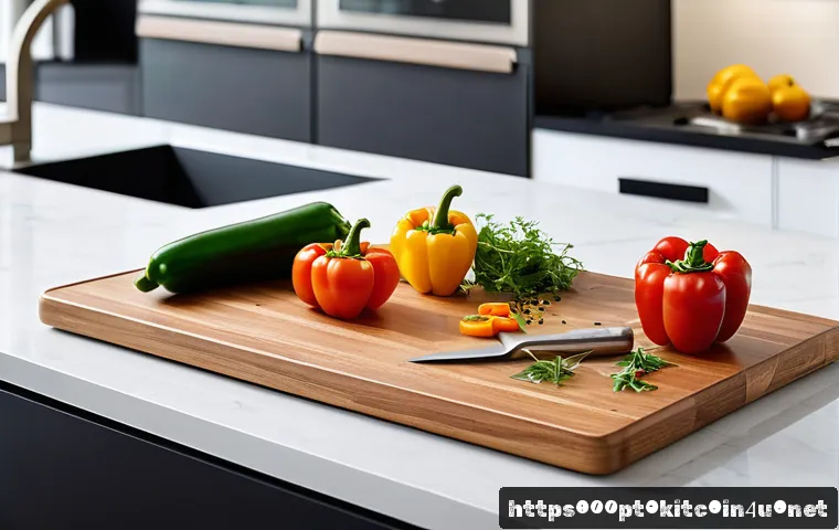 다목적 도마와 일반 도마 비교 - A modern, multifunctional kitchen cutting board on a clean countertop in a compact Brazilian apartme...