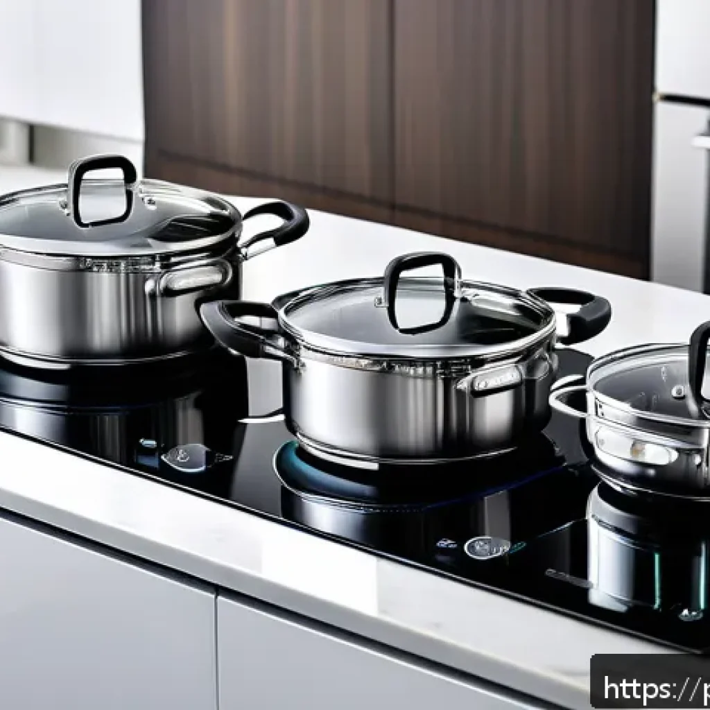 가성비 좋은 스테인리스 냄비 추천 - A modern kitchen scene showcasing a high-quality 18/10 stainless steel cookware set with triple-laye...