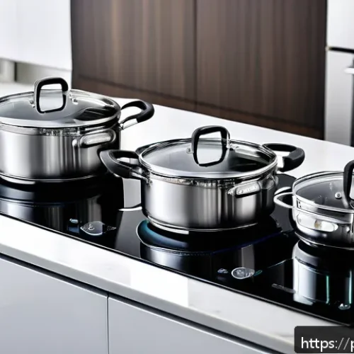 Home 17 가성비 좋은 스테인리스 냄비 추천 - A modern kitchen scene showcasing a high-quality 18/10 stainless steel cookware set with triple-laye...