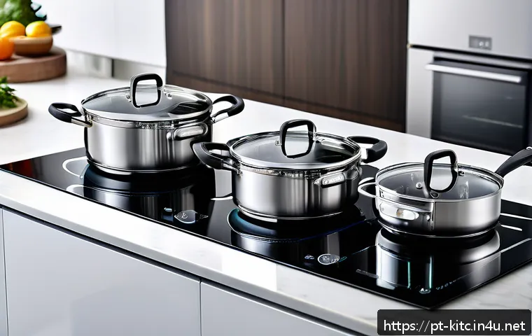 가성비 좋은 스테인리스 냄비 추천 - A modern kitchen scene showcasing a high-quality 18/10 stainless steel cookware set with triple-laye...