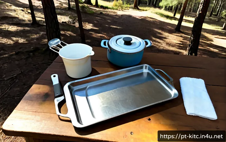 휴대용 캠핑용 주방 도구 추천 - Photorealistic top-down flat lay of essential portable camping kitchen tools neatly arranged on a we...