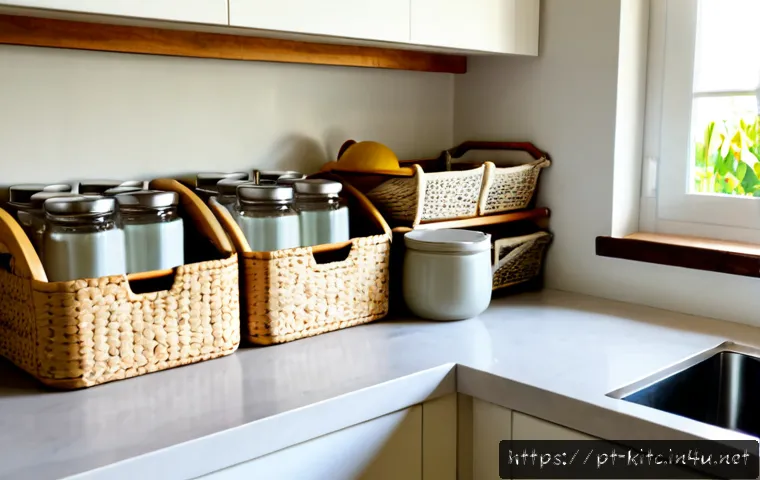 Home 17 주방 정리를 위한 DIY 팁 - Photorealistic bright Brazilian home kitchen, neatly organized lower cabinet with clear stackable co...